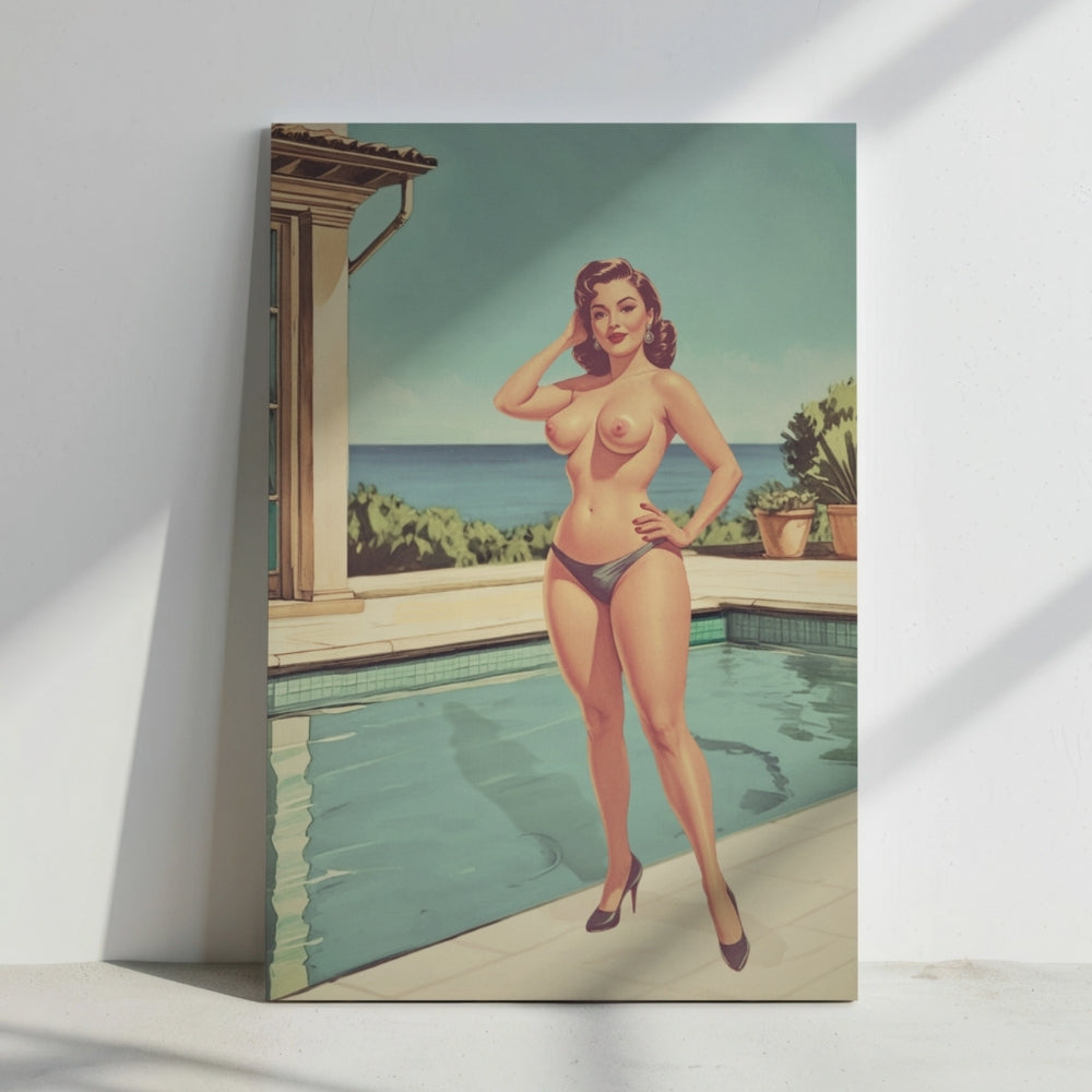 Vintage-style poster of a woman in a bikini by a pool with a scenic background.