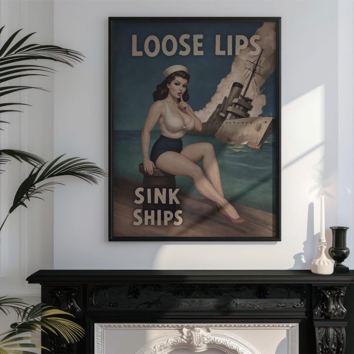 Vintage-style poster with a woman and ship on a wall above a black mantelpiece.