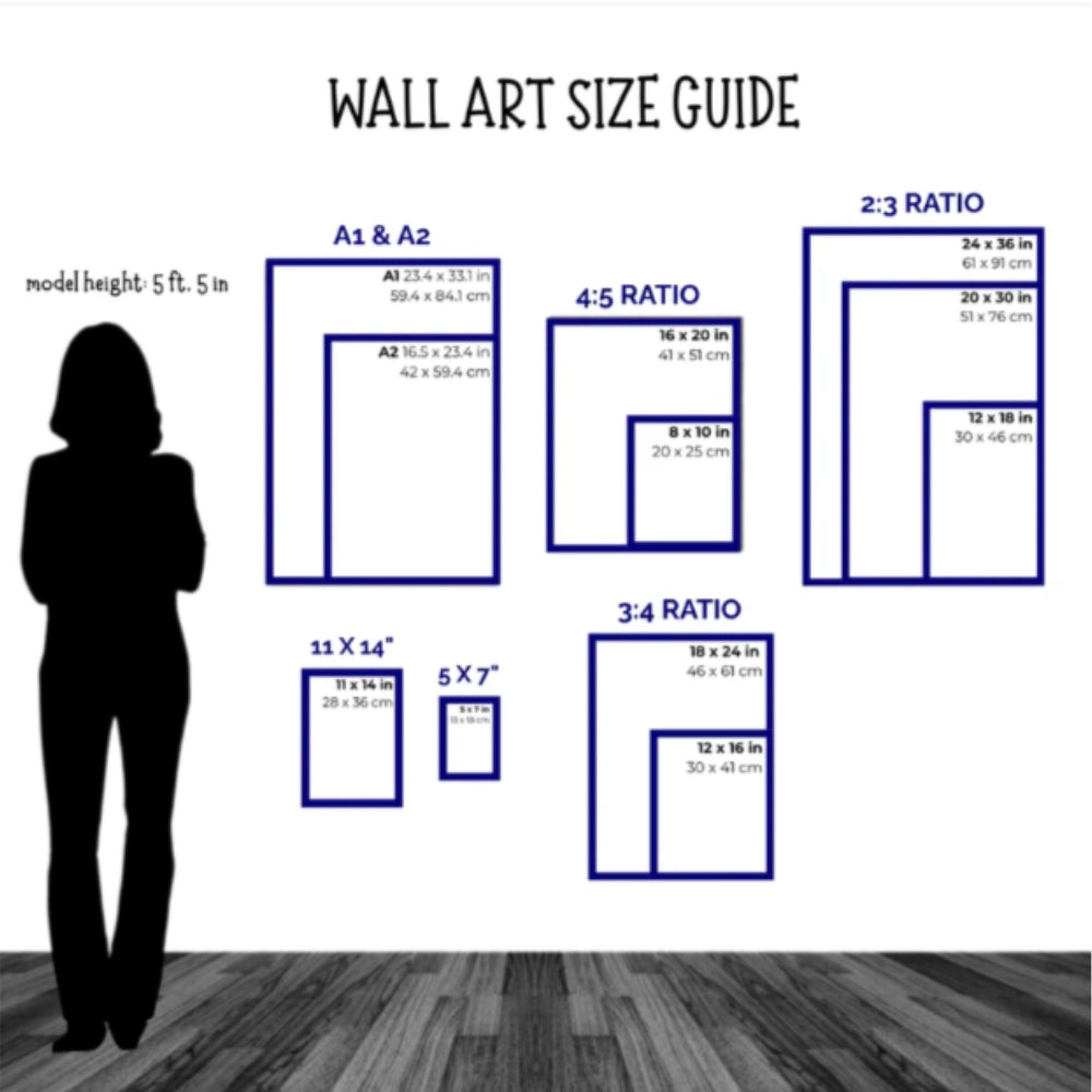 Wall art size guide with silhouette of a person for scale, showing different aspect ratios and sizes.