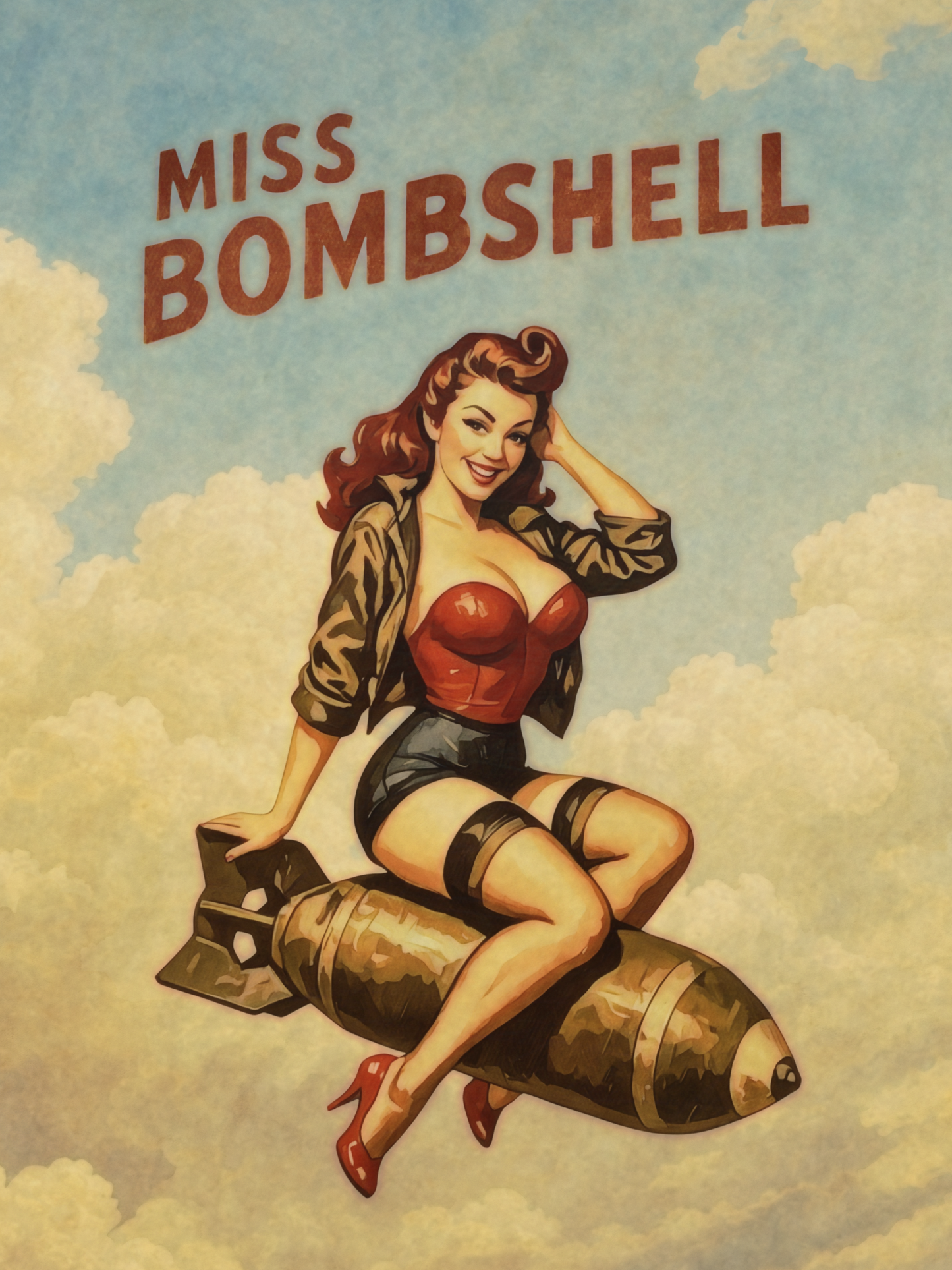 Vintage-style poster with a woman sitting on a bomb labeled 'Miss Bombshell' against a cloudy sky.