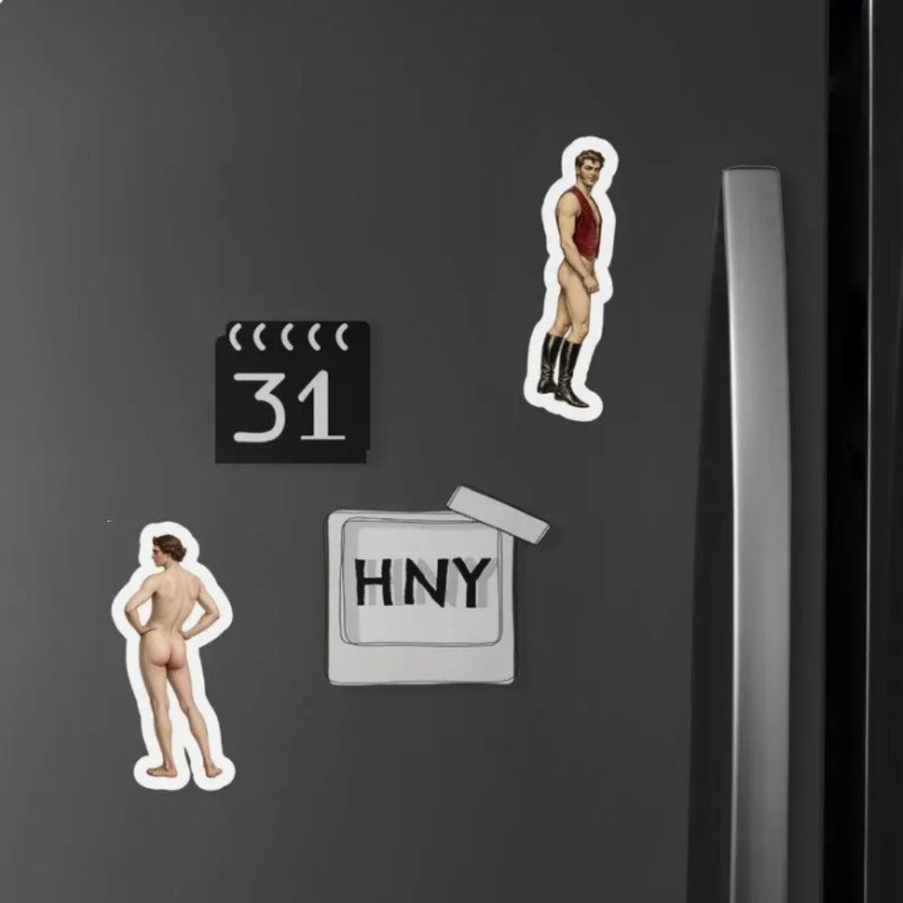 Fridge magnets with various designs including a calendar, a man in a swimsuit, and a nude figure on a black surface.