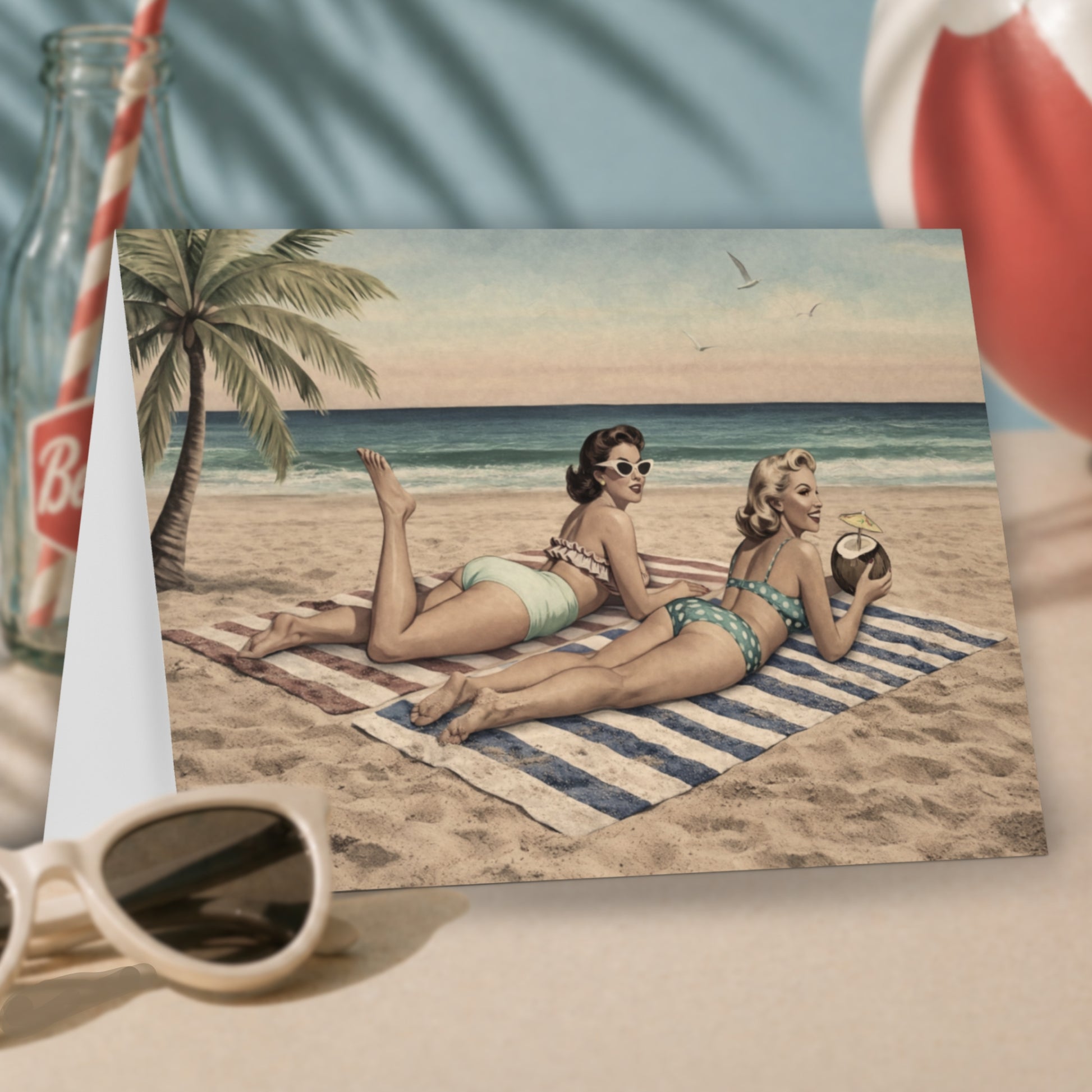 Vintage-style pinup greeting card of two women in swimsuits on a beach with palm trees and ocean.