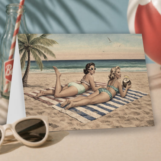 Retro Beach Pinup Greeting Card | Vintage Bikini Girls Seaside Illustration