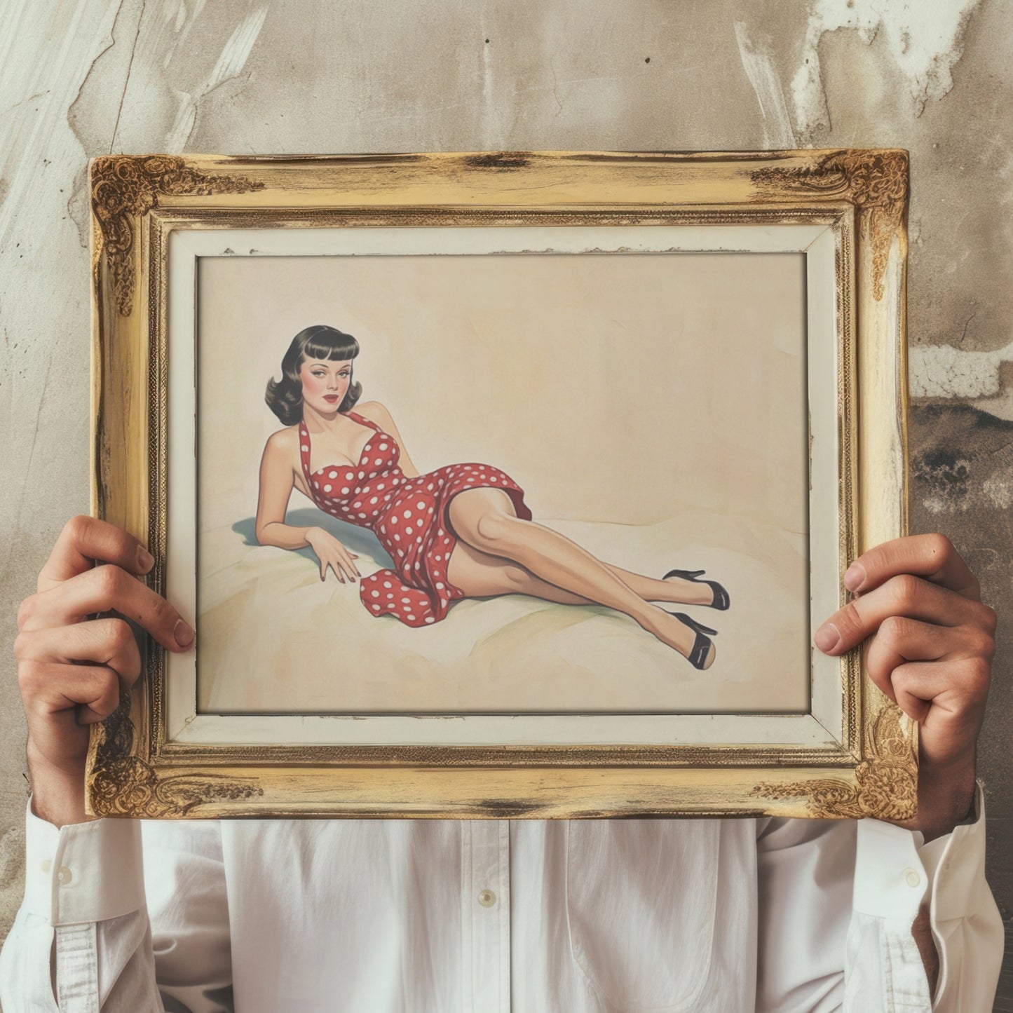 Person holding a framed painting of a woman in a polka dot dress against a textured wall.