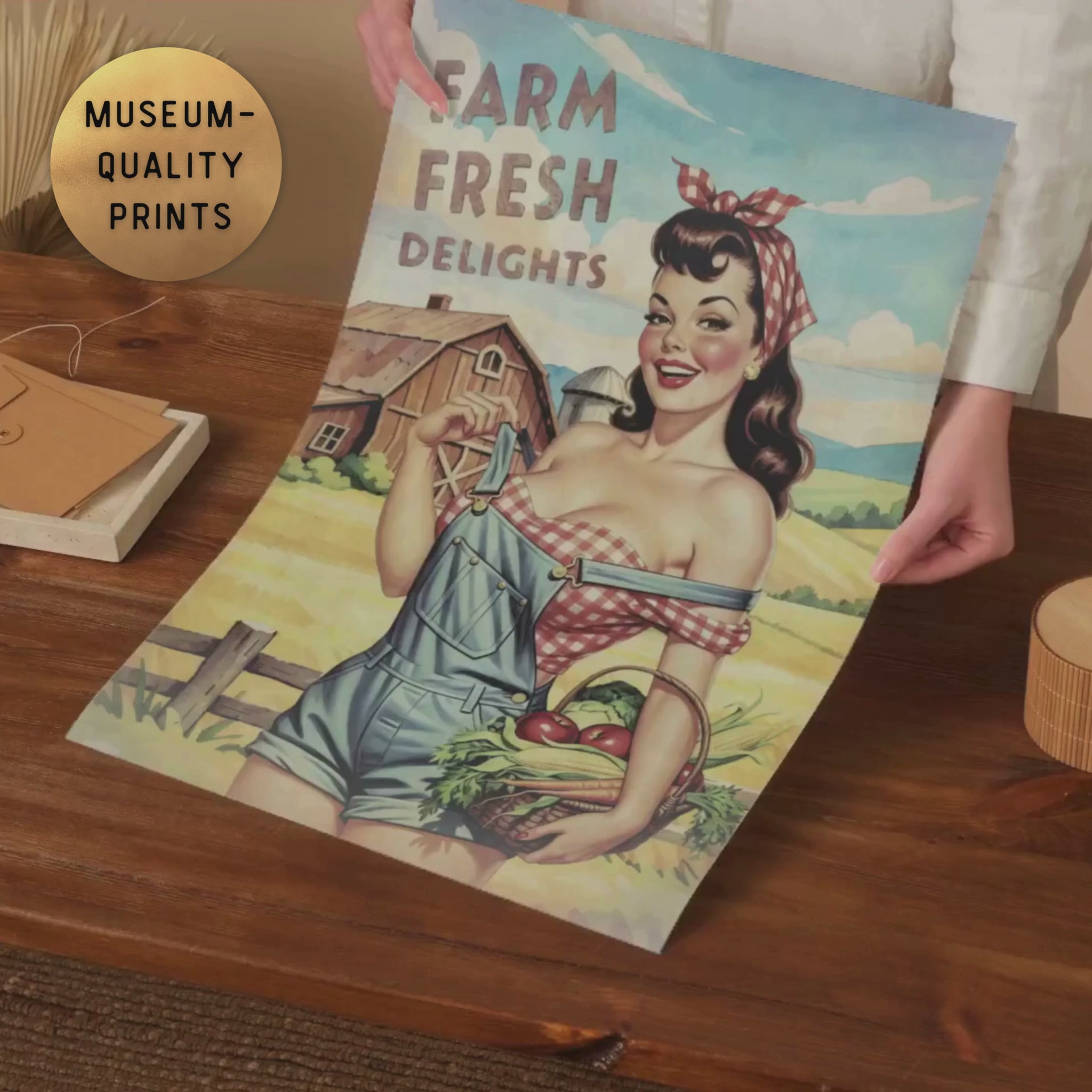 video of vintage farm girl pinup up poster that says arm Fresh delights