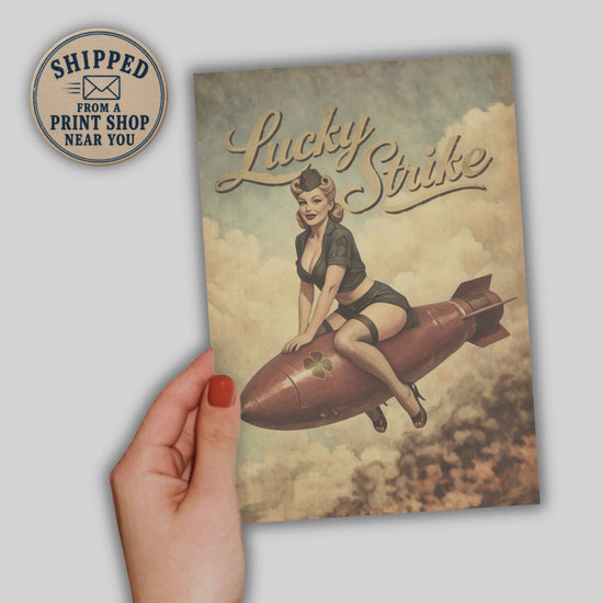 video of a vintage Lucky Strike pinup greeting card in a large size with text shipped from a print shop near you