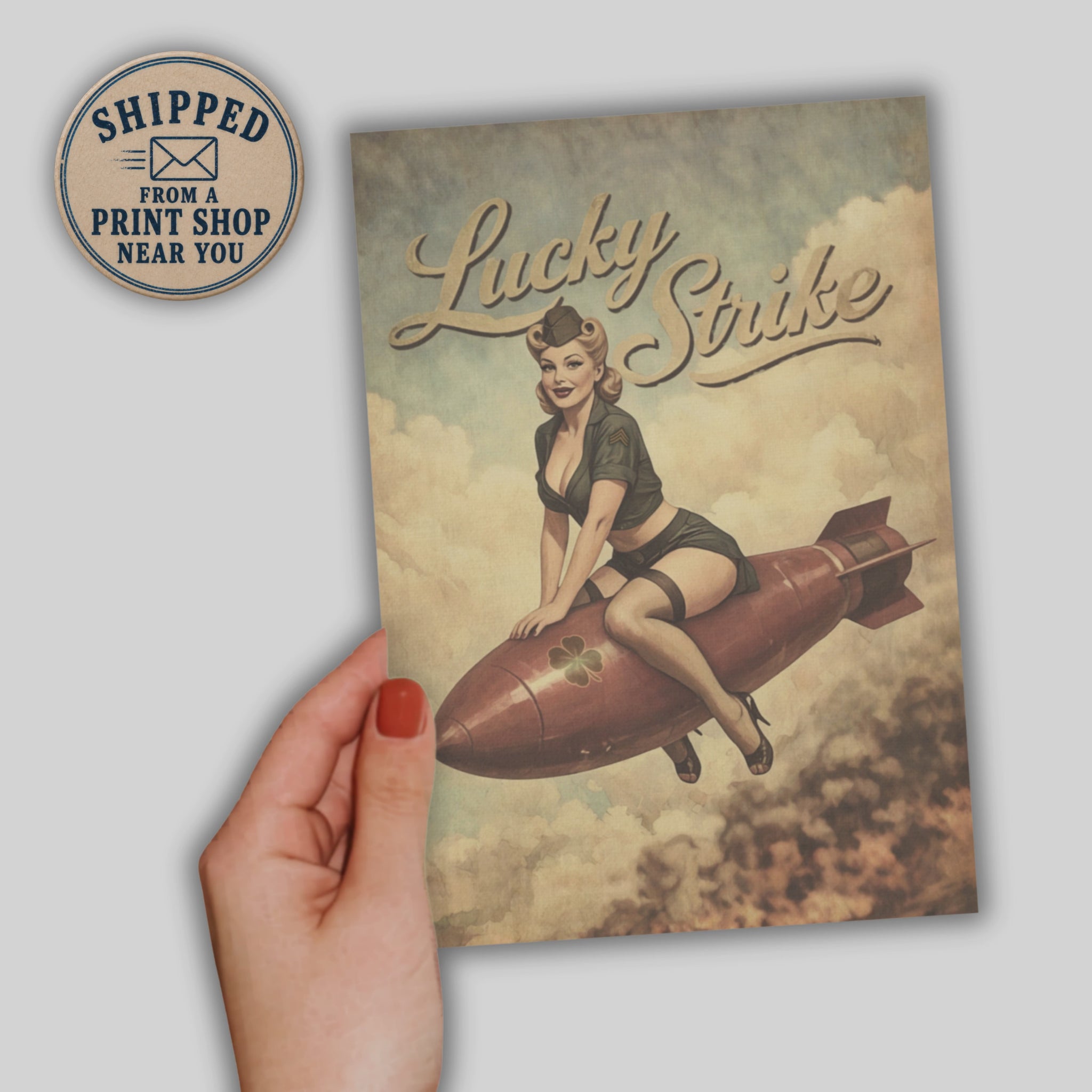 video of a vintage Lucky Strike pinup greeting card in a large size with text shipped from a print shop near you