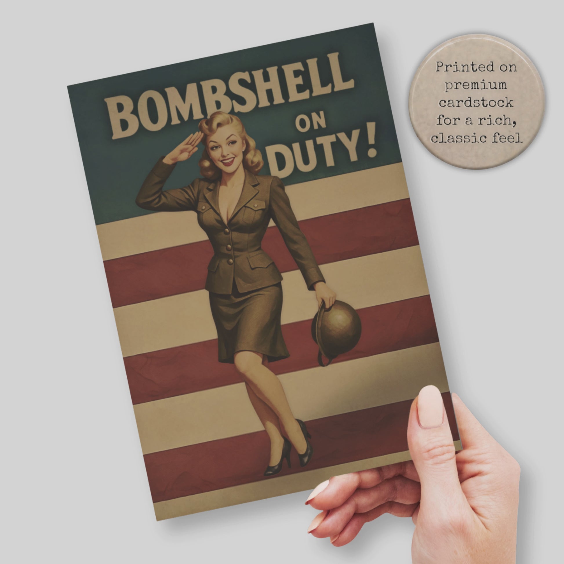 video of a hand holding Bombshell on Duty Retro Pinup Girl Soldier Greeting Card with American Flag background