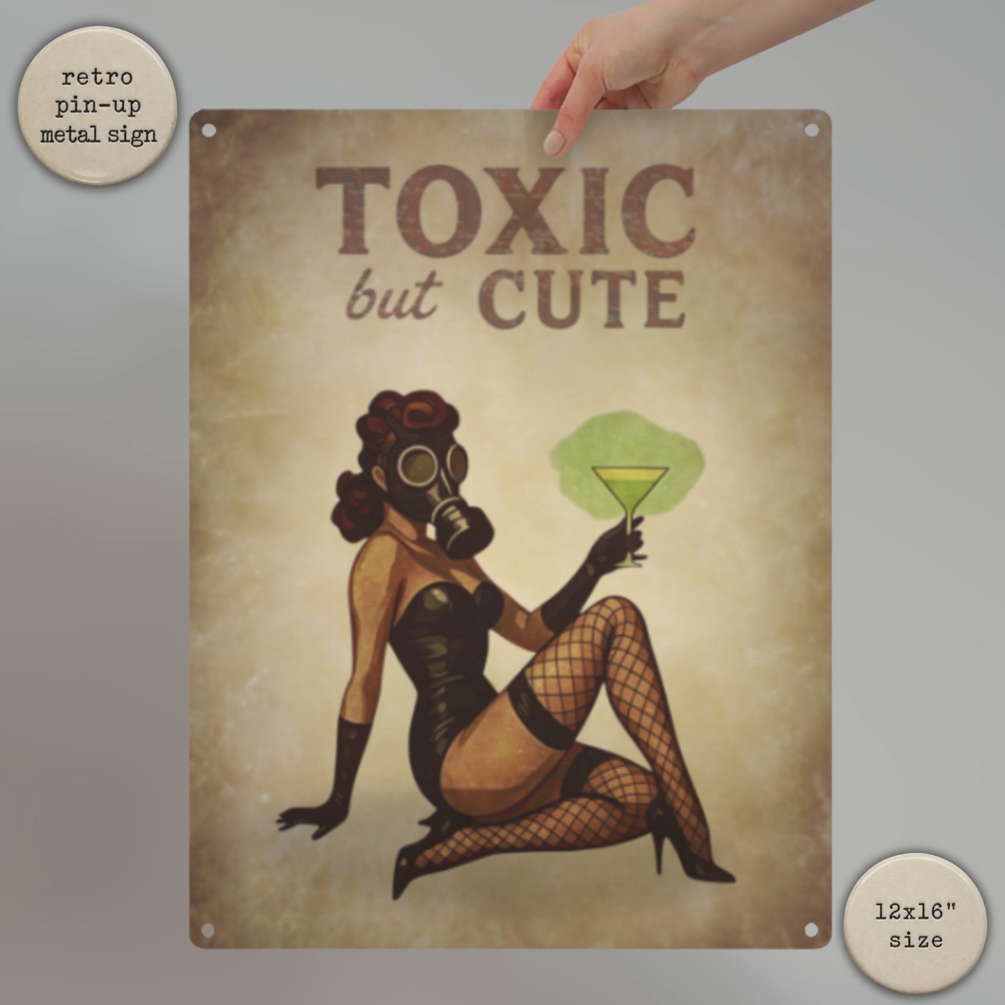 video of Toxic But Cute vintage post-apocalyptic pinup sign