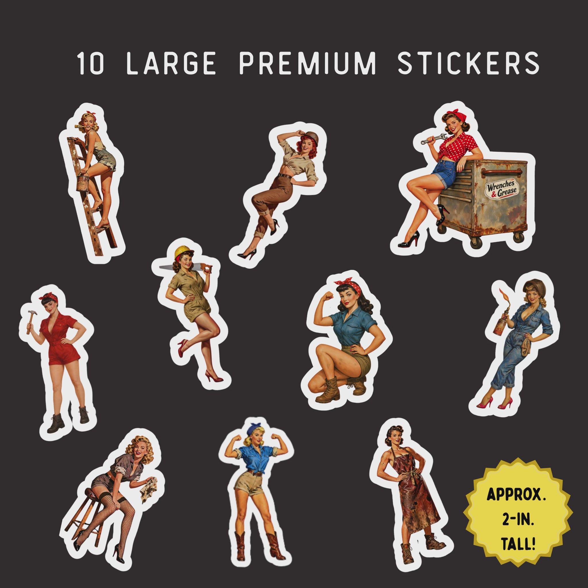 video of mechanical pinup girls in rosie the riveter style stickers