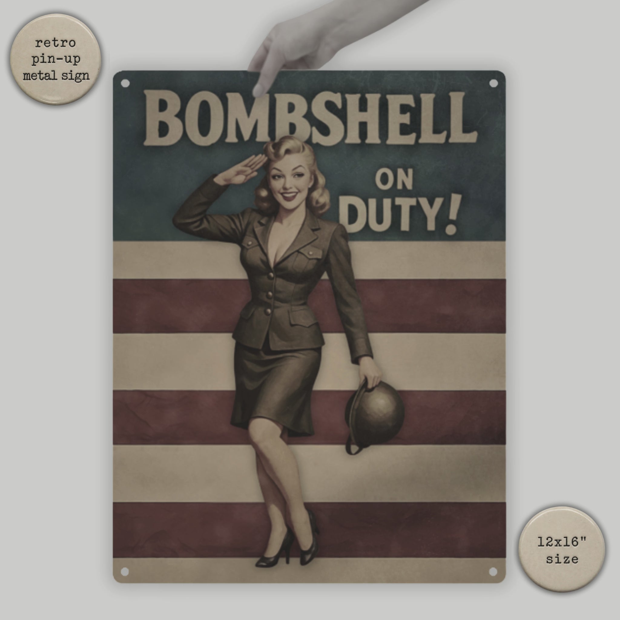 video of bombshell on duty metal sign held by a hand