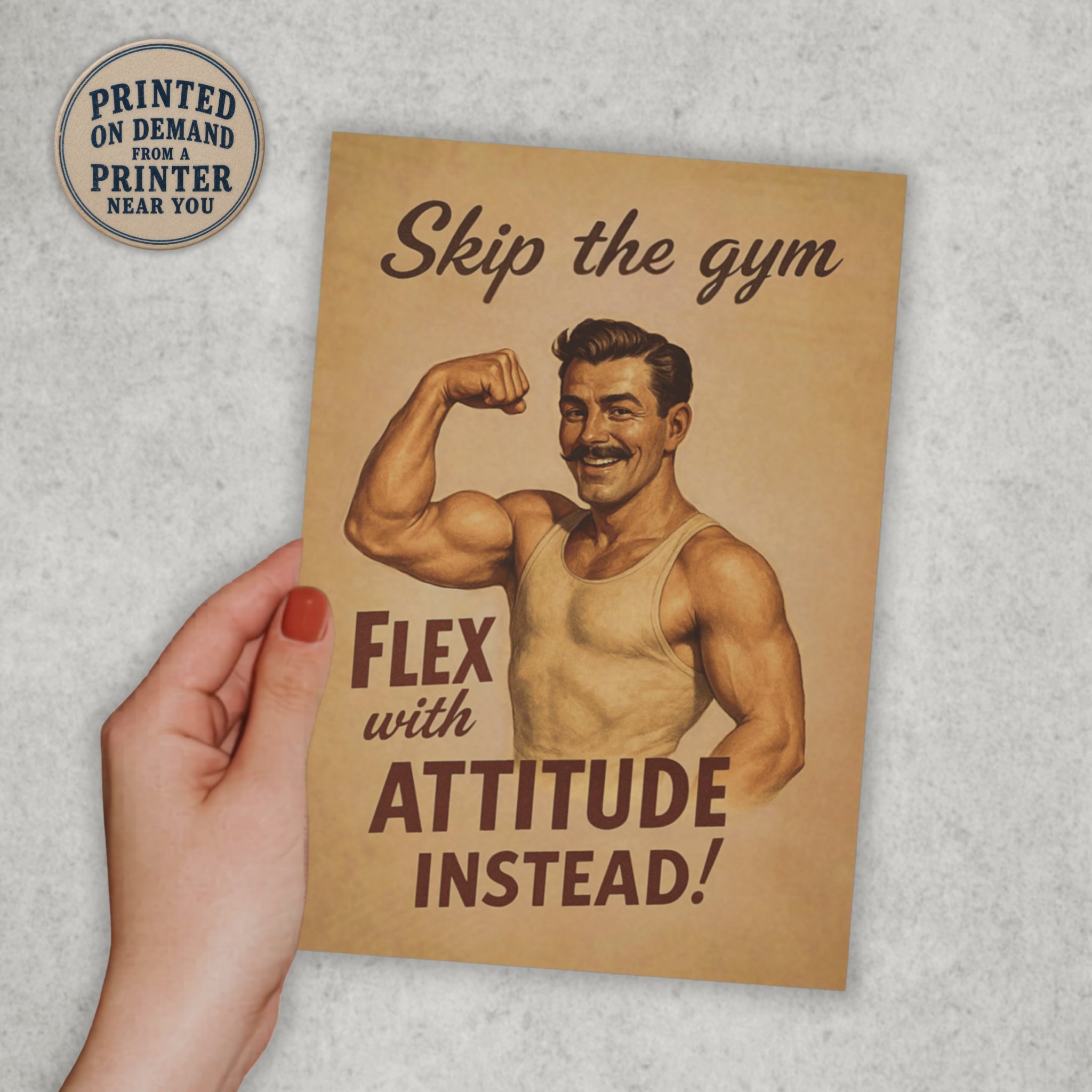 video of Skip the Gym Flex with Attitude Instead vintage gym humor card with the text printed on demand from a printer near you