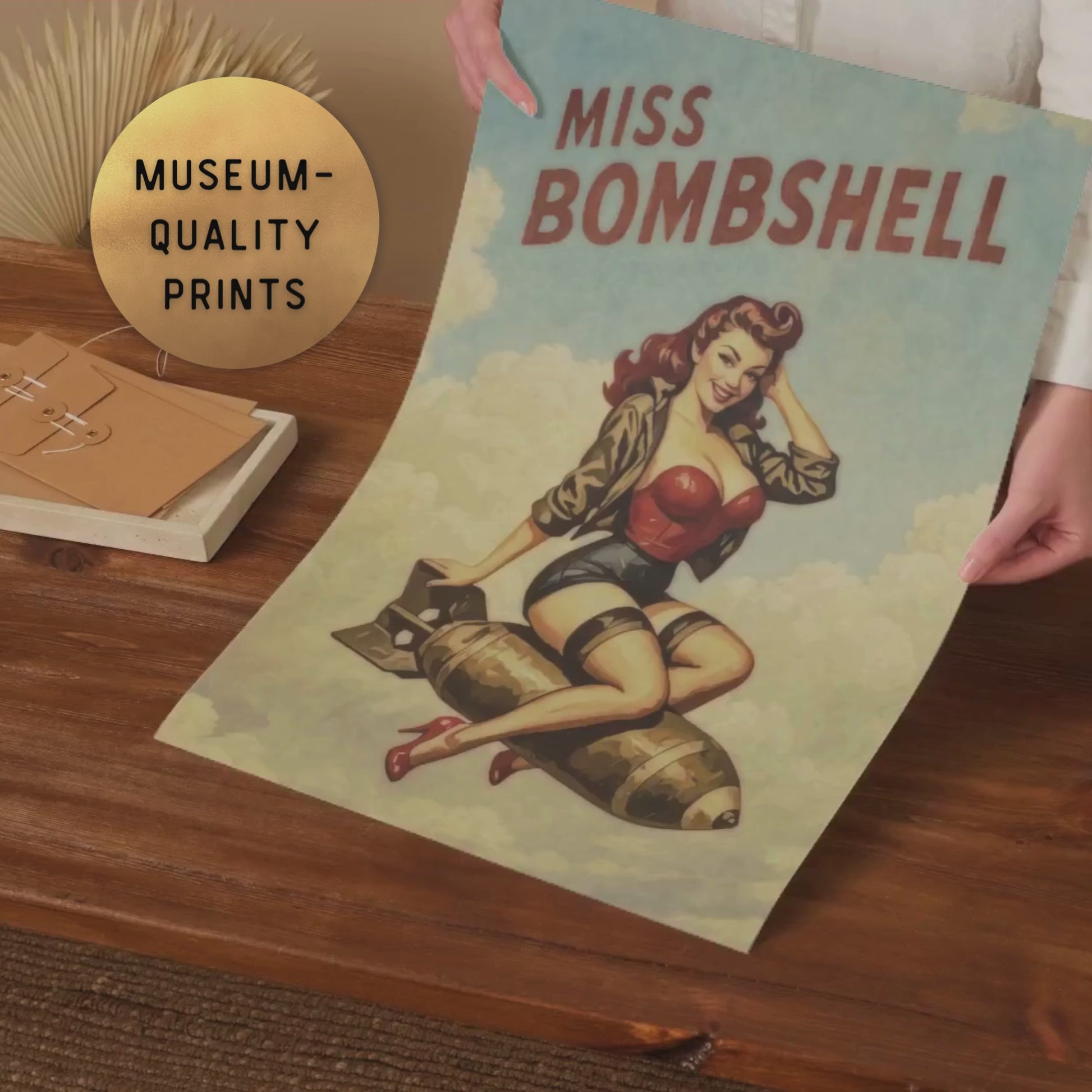video of pinup girl poster redhead on a rocket