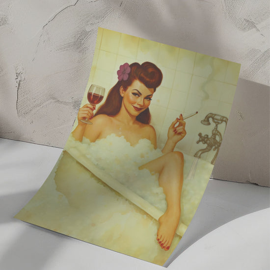 video of pinup girl on a bathtub with wine and cigarette