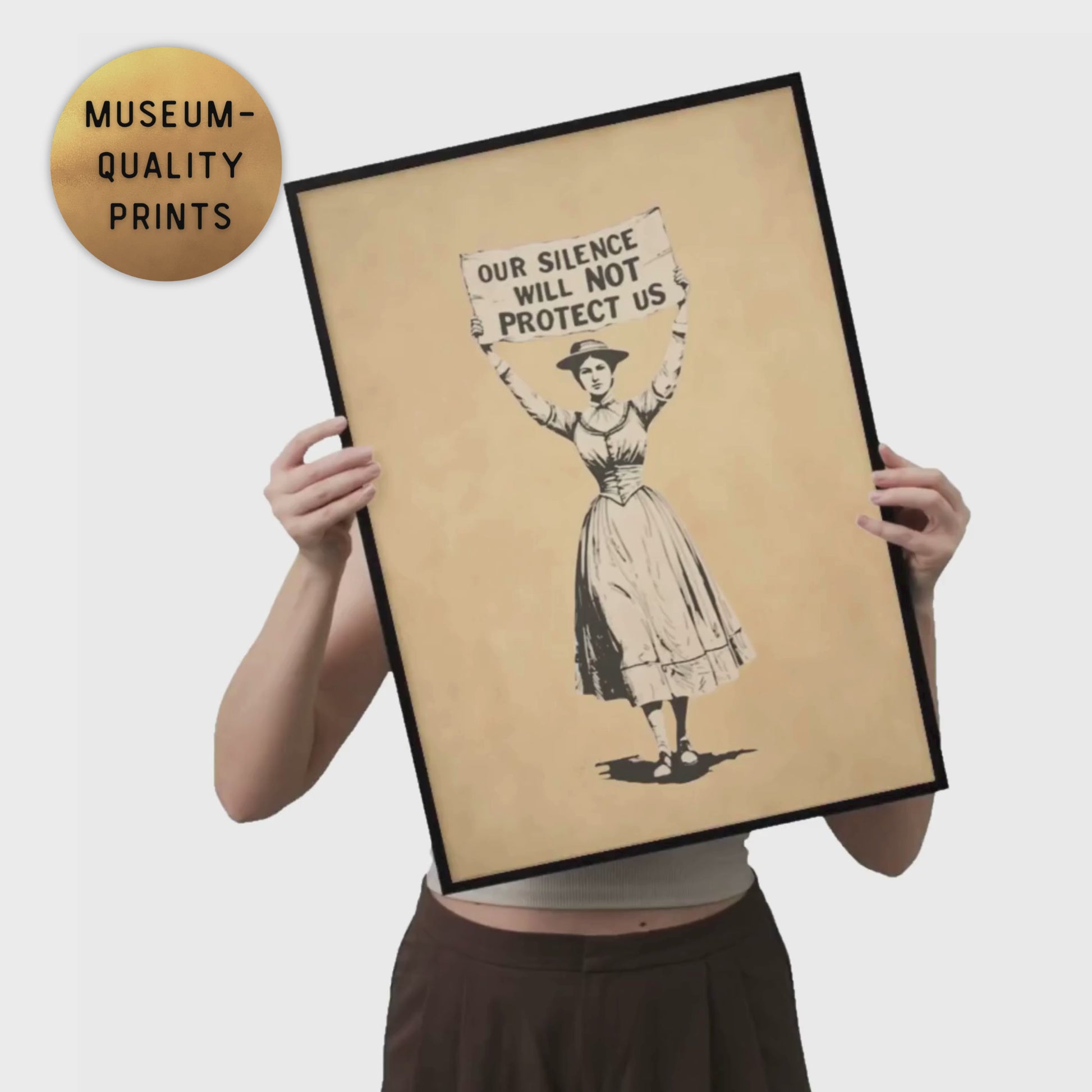 Video of hands holding vintage women's rights poster titled, Our Silence Will NOT Protect Us