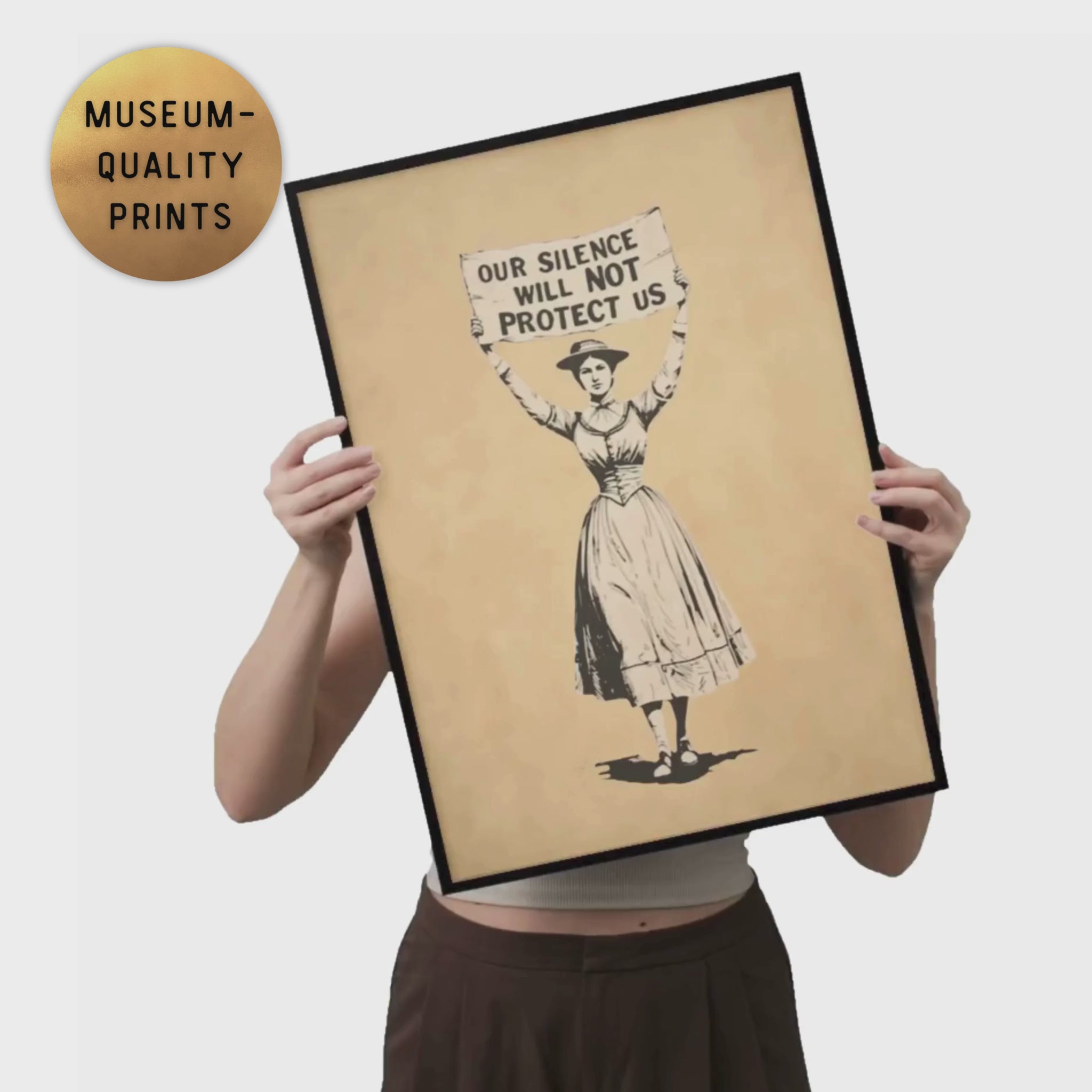 Video of hands holding vintage women's rights poster titled, Our Silence Will NOT Protect Us