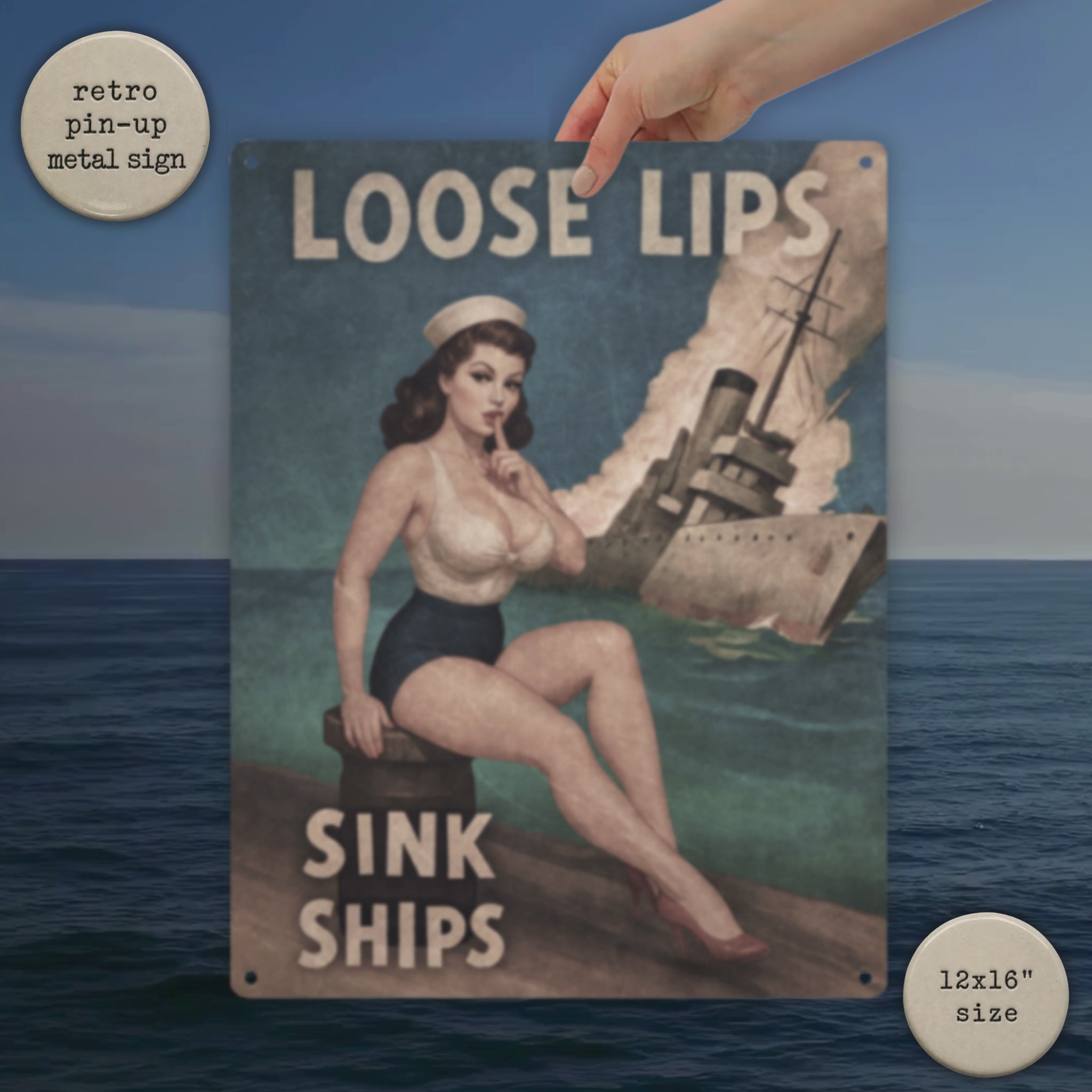video of hand holding Loose Lips Sink Ships vintage pinup sailor metal sign
