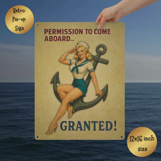 Vintage Pin Up Metal Sign Sailor Girl Nautical Wall Decor, 12x16