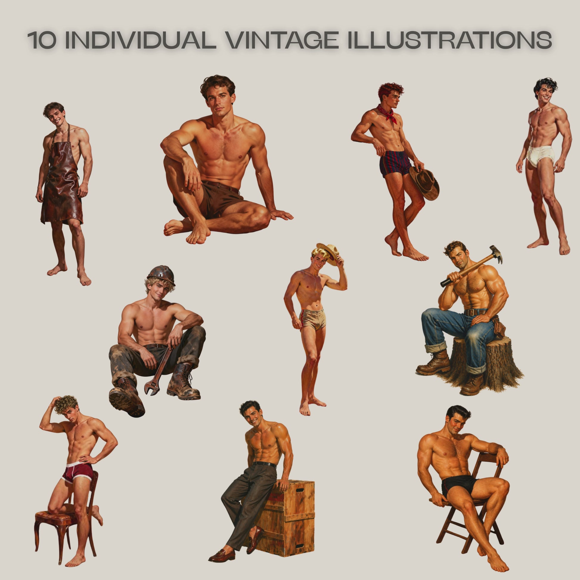 video illustration of vintage hunk pinup boys clipart