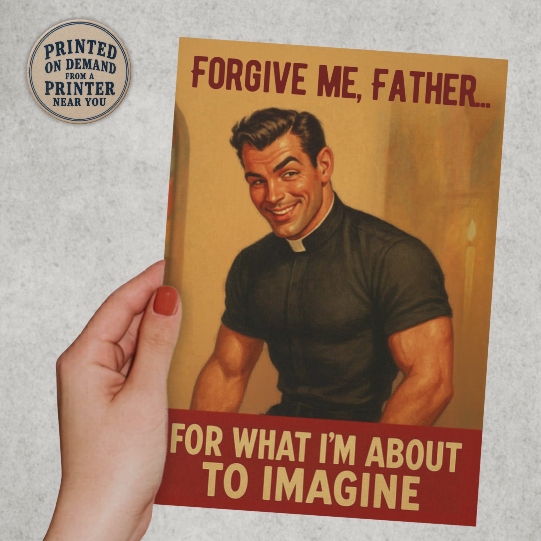 hand holding Forgive me father for what I'm about Image retro hot priest male pinup boy greeting card