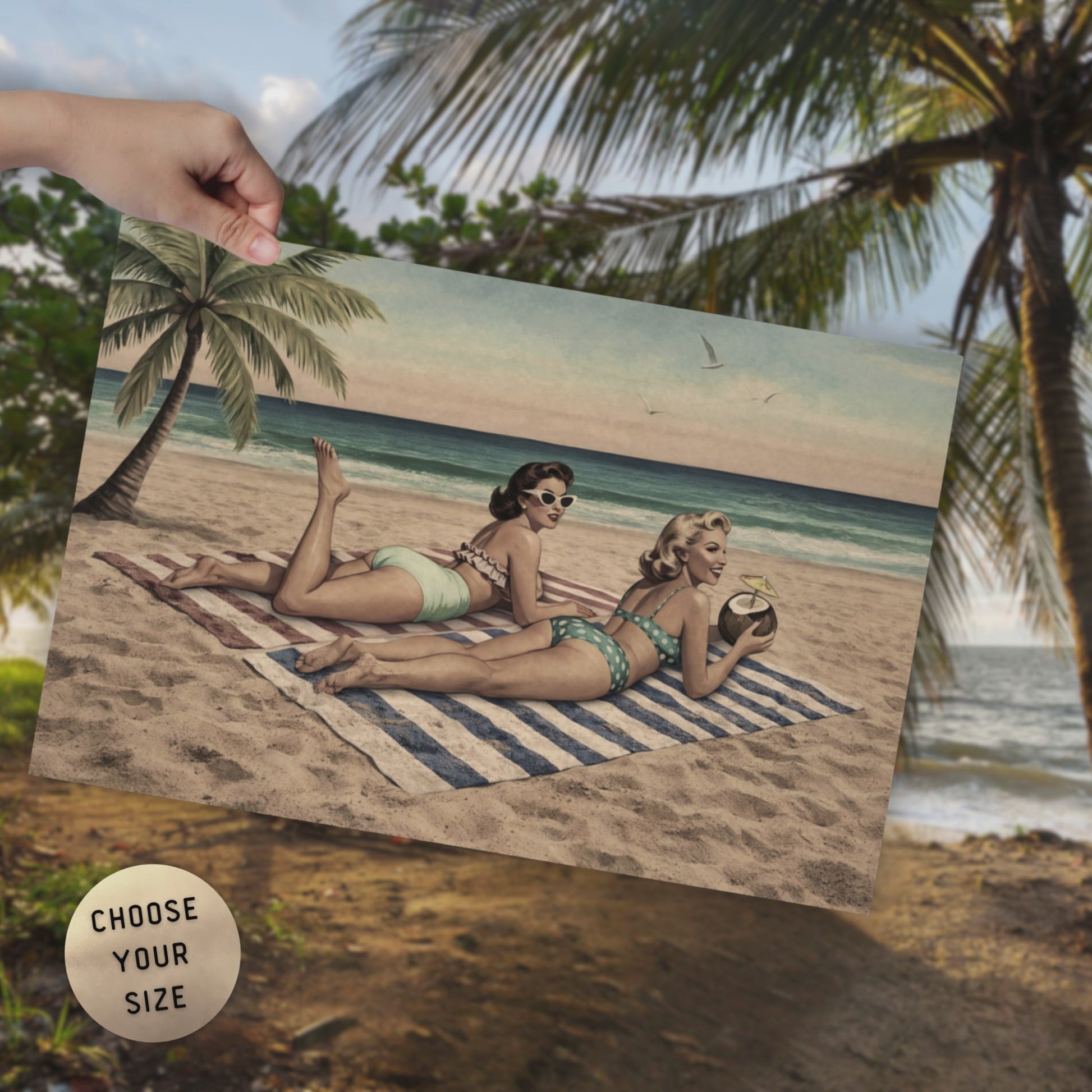video of illustration of two retro girls in bikinis on a beach