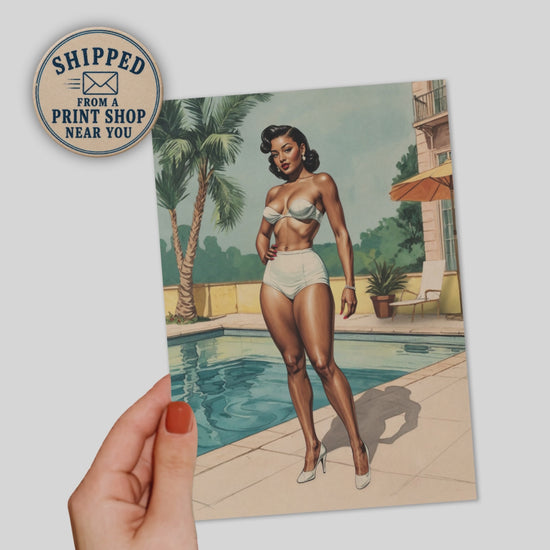 video of a vintage black pinup girl near a pool greeting card
