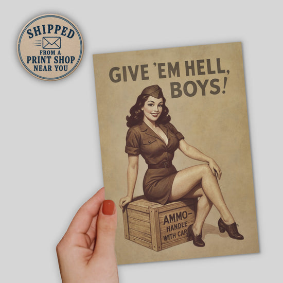 video of vintage Give em hell boys greeting card with the text shipped from a print shop near you