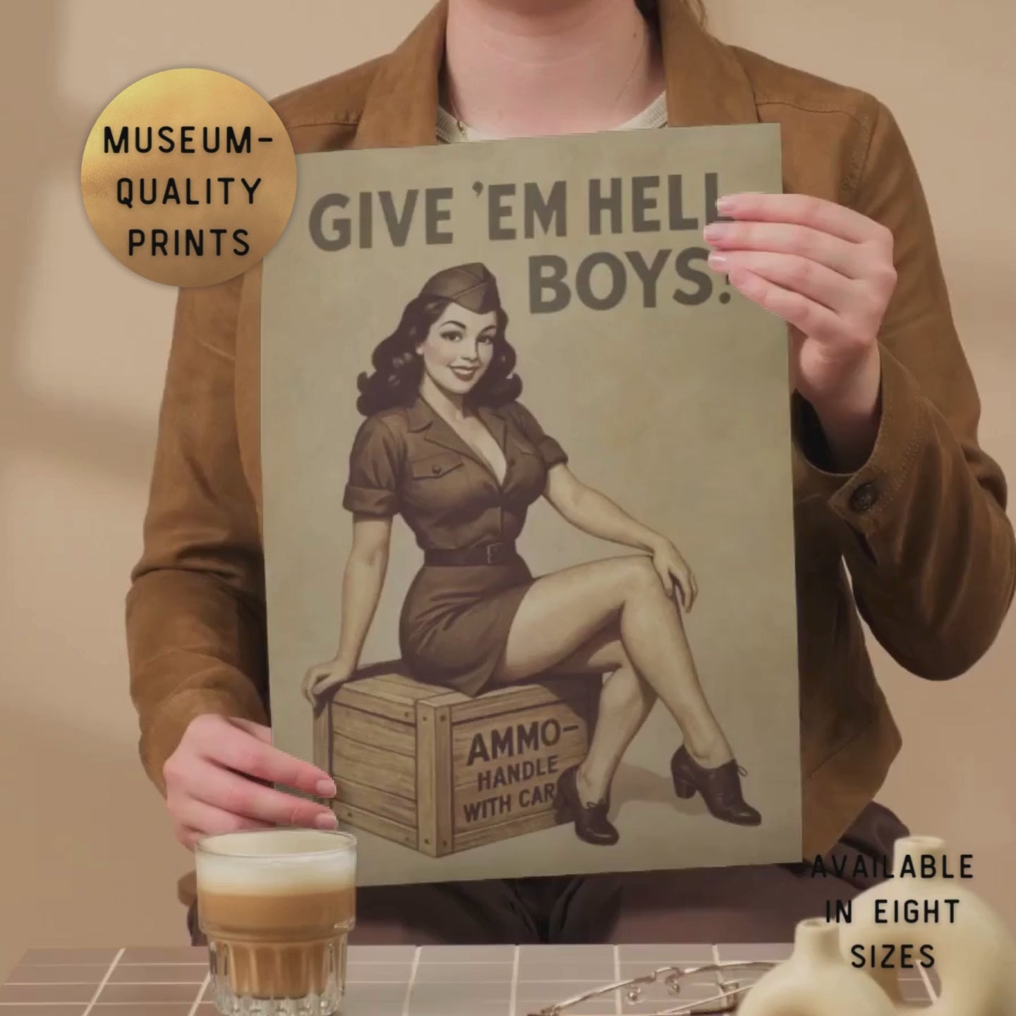 video of woman holding Give em Hell Boys Vintage Poster