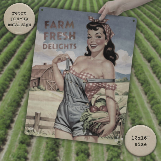 video of a person's hand holding a Farm Fresh Delights country pinup farm girl metal poster and the text retro pin-up metal sign and 12x16" size