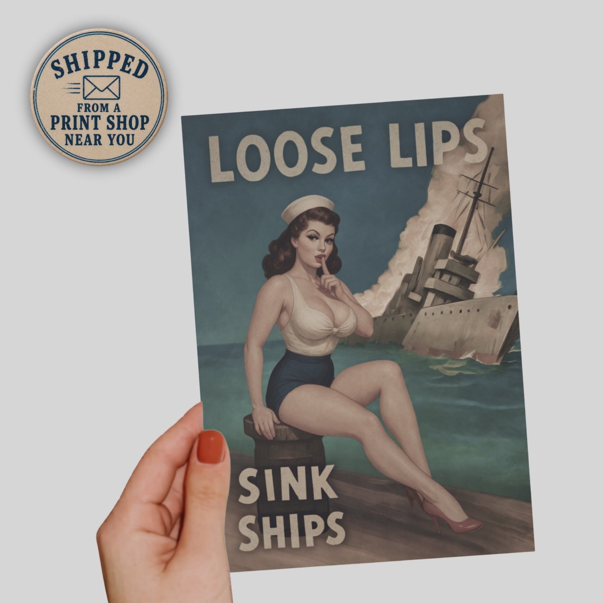 video of loose lips greeting card with vintage pinup sailor girl
