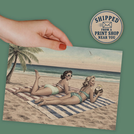 video of pinup greeting card with two pinup girls on a beach
