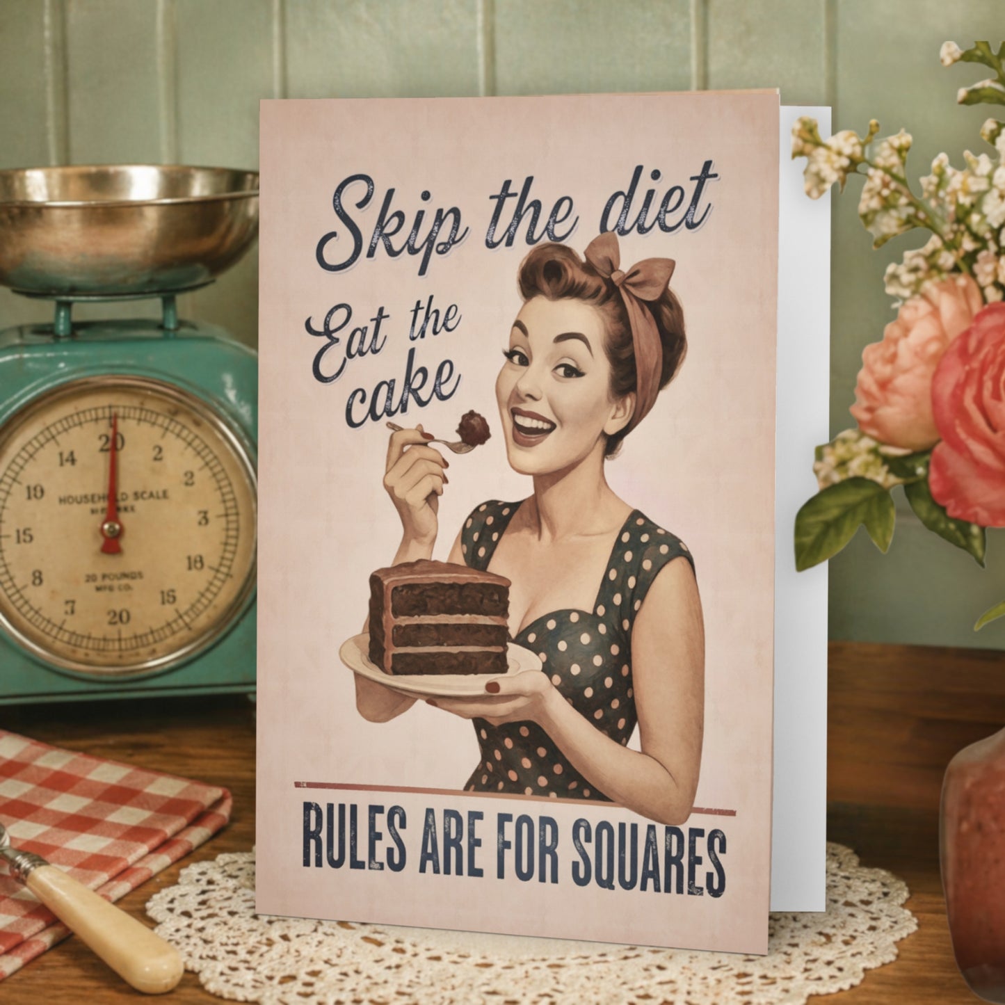 Skip the diet eat the cake, rules are for squares vintage greeting card on a table