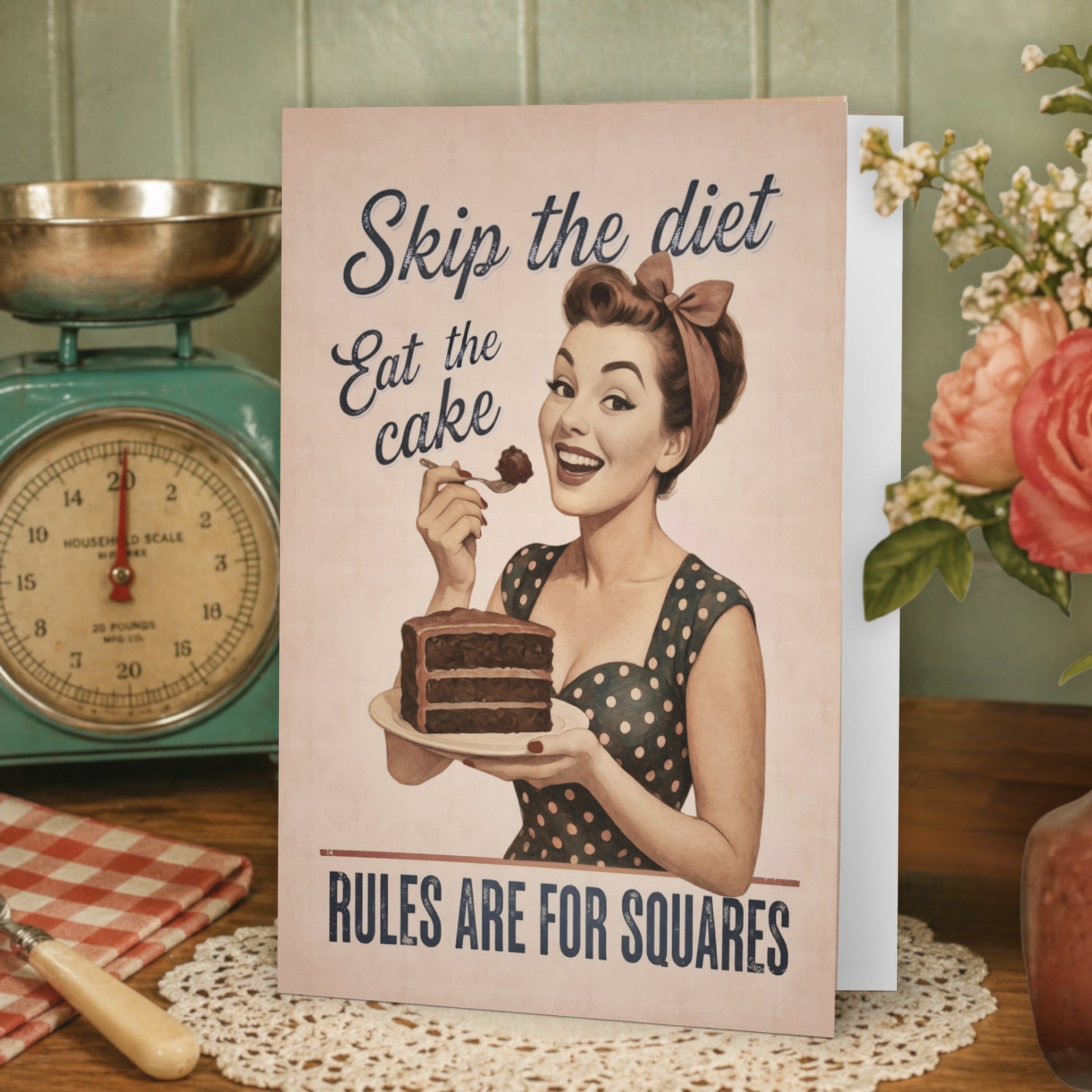 Skip the diet eat the cake, rules are for squares vintage greeting card on a table