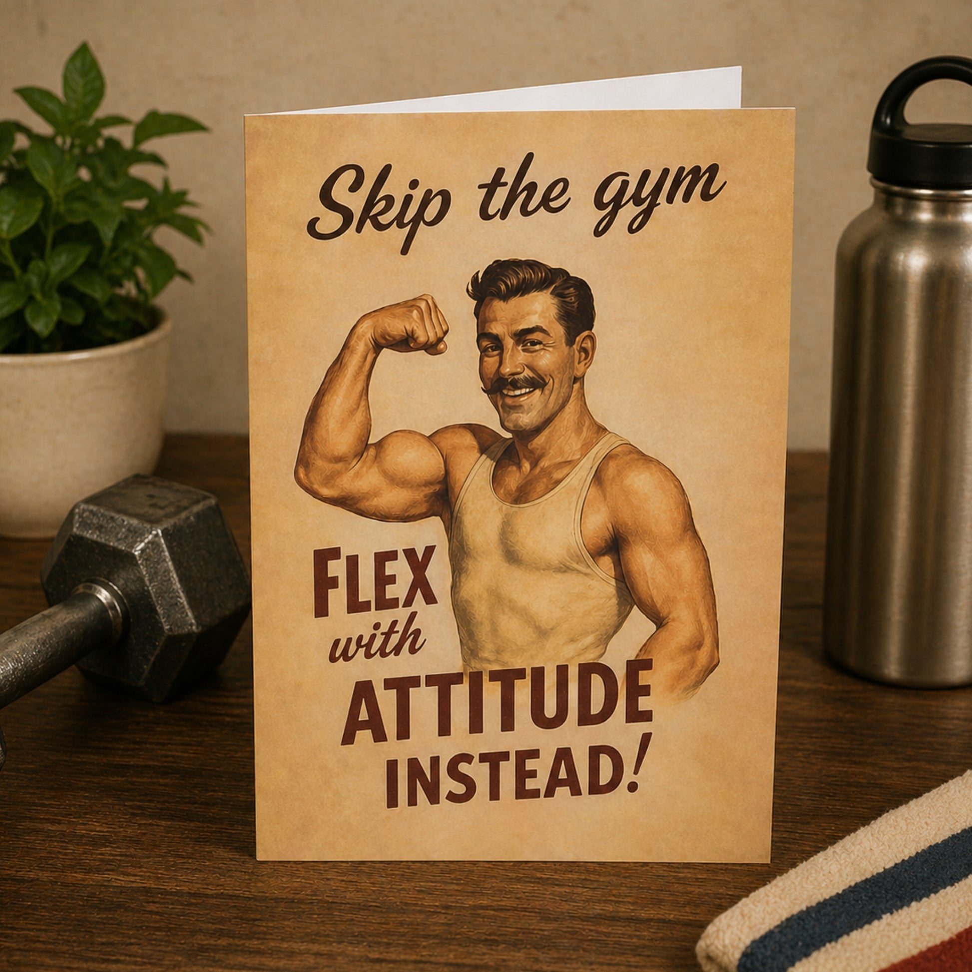 Card with vintage-style illustration of a muscular man flexing, text 'Skip the gym Flex with Attitude Instead!', placed on a wooden surface with fitness equipment.