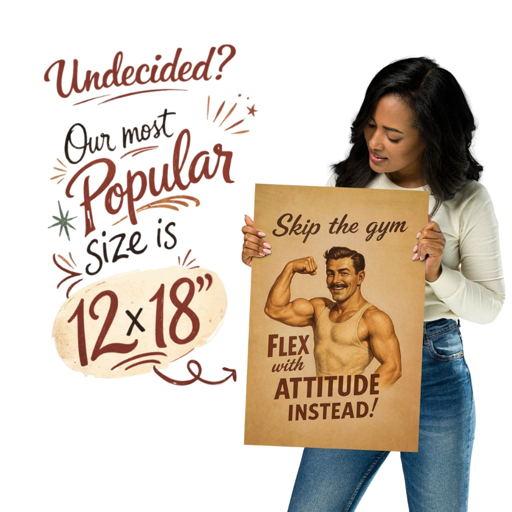 Woman holding a cardboard sign with a graphic of a muscular man and text, on a white background.