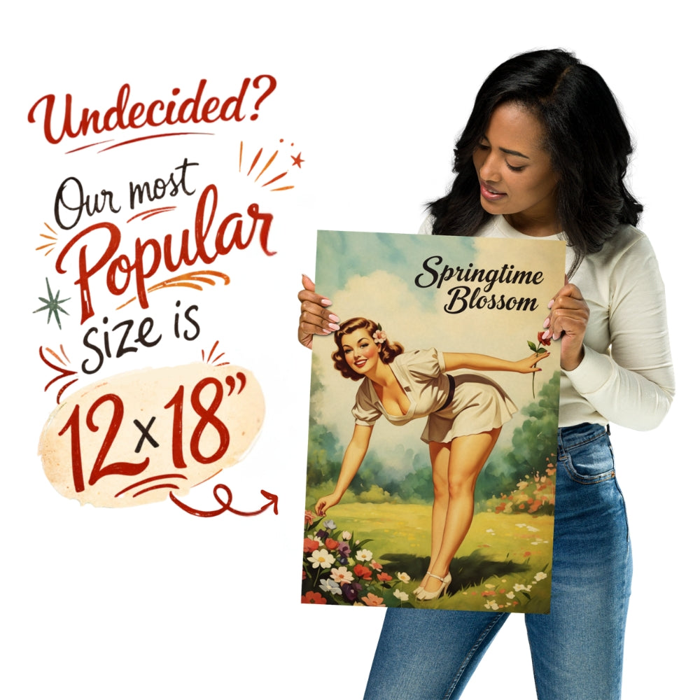 Woman holding a vintage-style poster with text about print sizes.