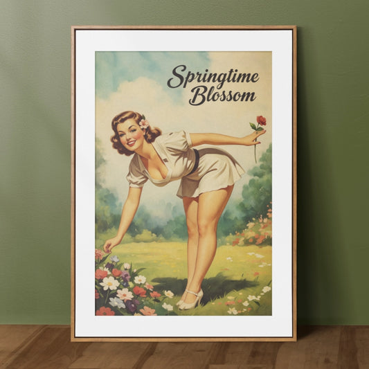 Framed vintage-style poster of a woman in a garden with 'Springtime Blossom' text on a green wall.