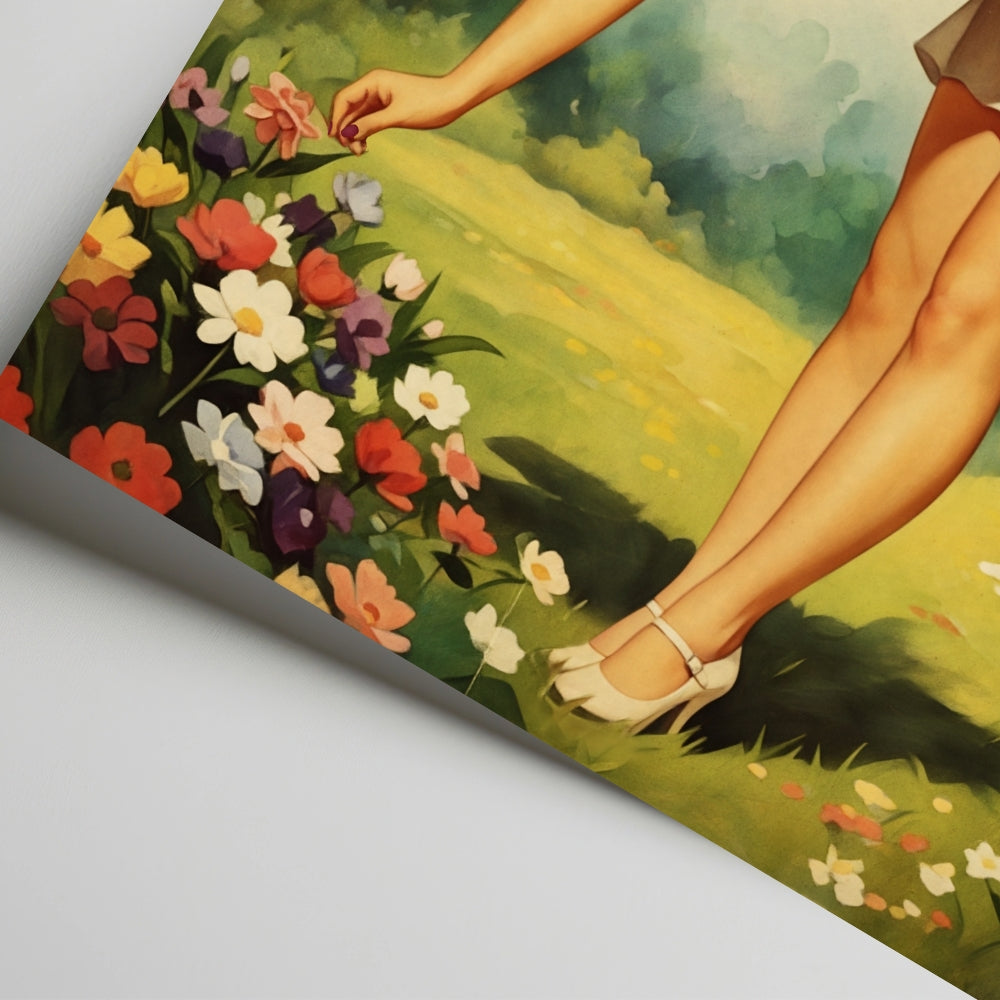 Artistic depiction of a woman's legs in high heels walking through a field of flowers.