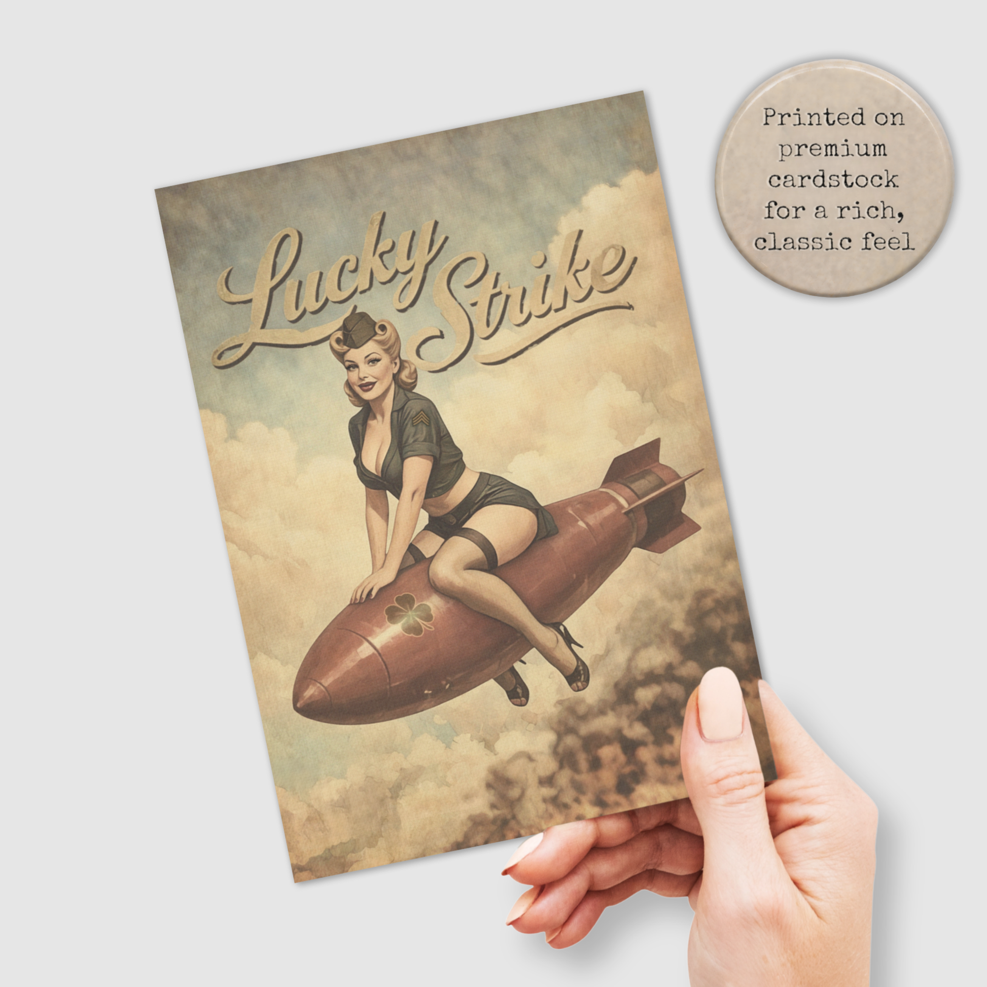 Vintage-style Lucky Strike poster with a woman on a rocket, held by a hand.
