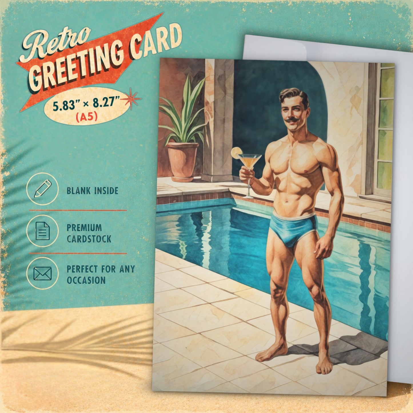 Retro greeting card with a male pinup boy man by a pool holding a cocktail, featuring text about dimensions and uses.