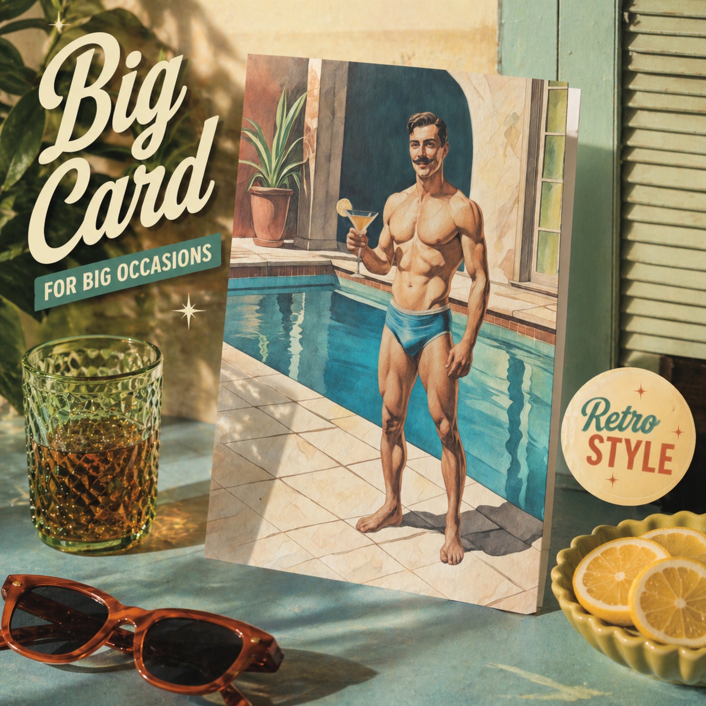 Card with a vintage-style illustration of a male pinup Zaddy man by a pool, surrounded by sunglasses and a glass of juice.  