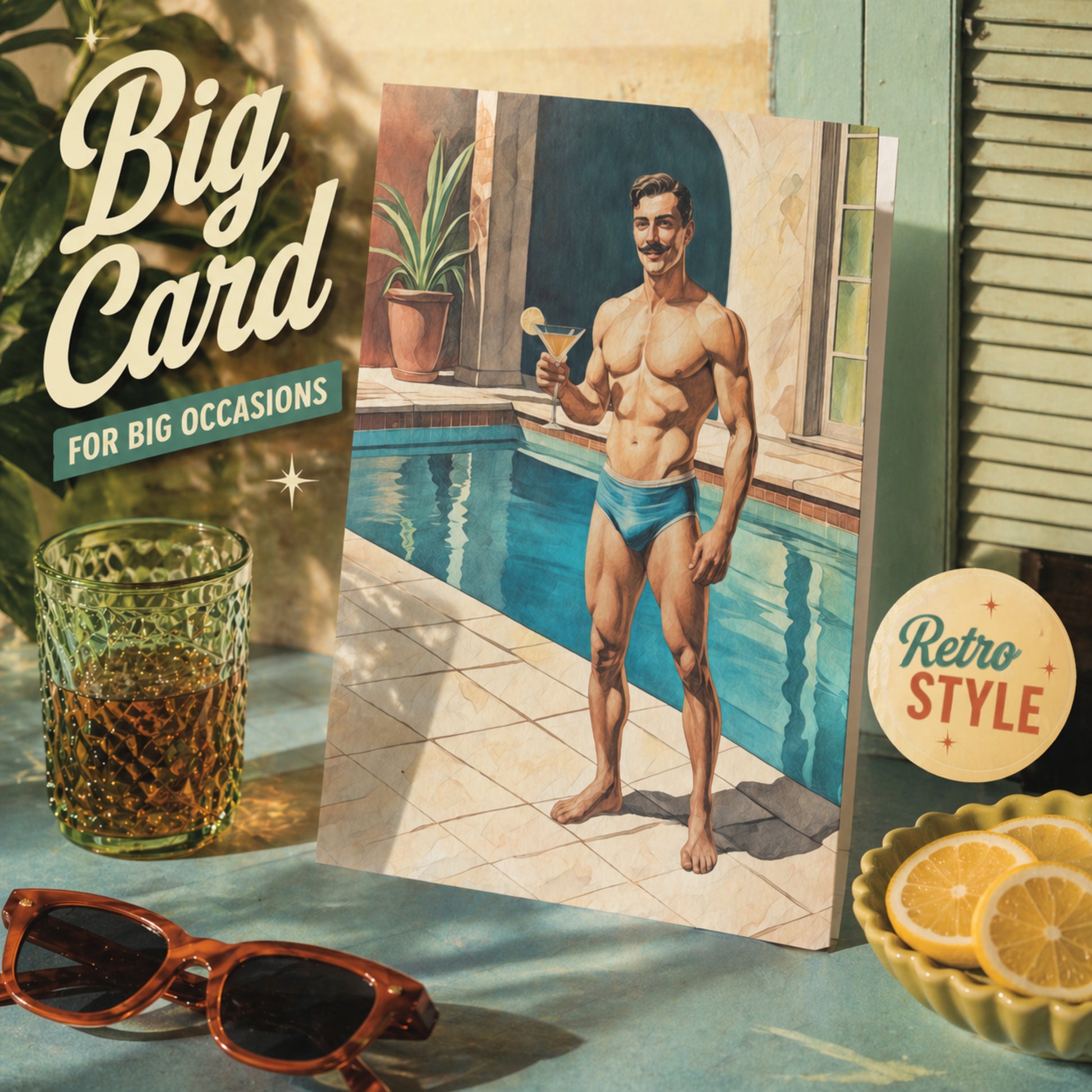 Card with a vintage-style illustration of a male pinup Zaddy man by a pool, surrounded by sunglasses and a glass of juice.  