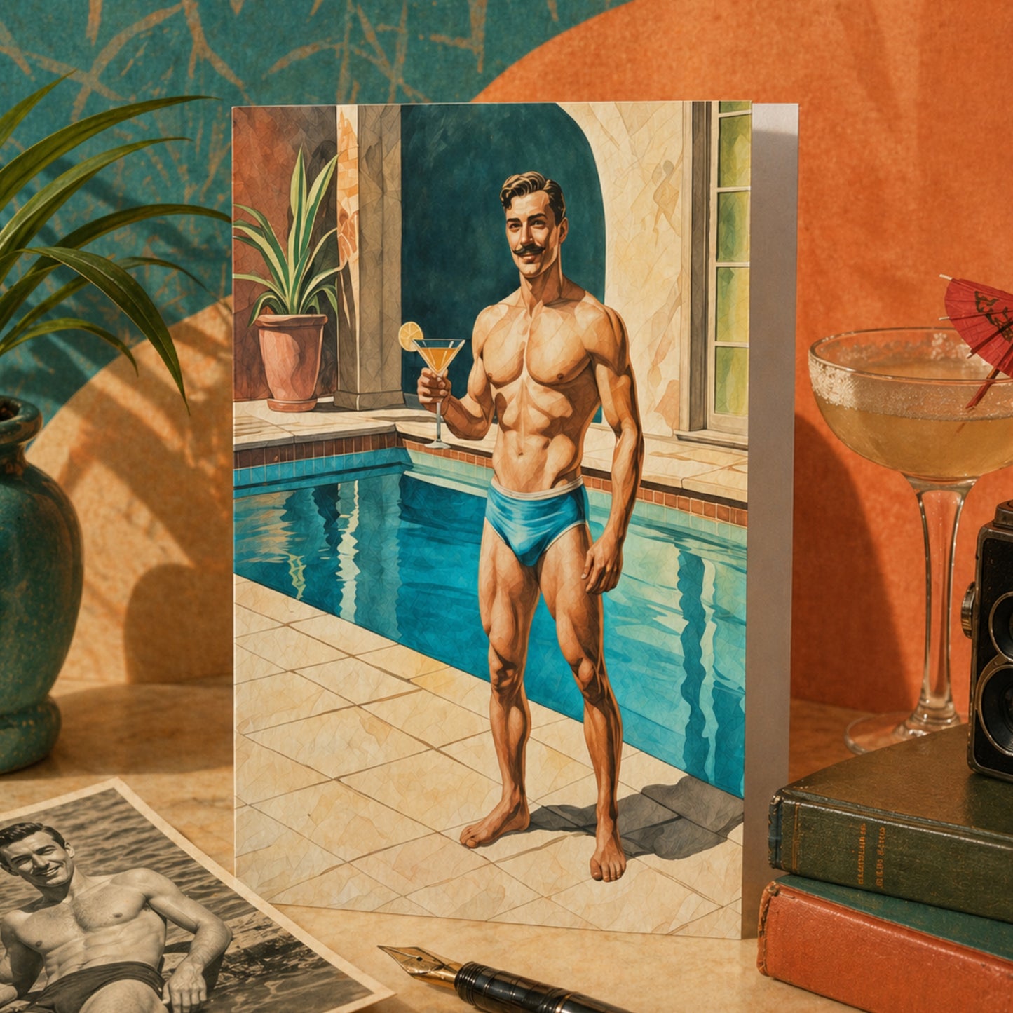 Zaddy retro male pinup boy Man in blue swim trunks standing by a pool holding a cocktail on a greeting card, with vintage books and a camera on a table. 