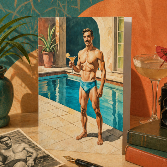 Vintage Poolside Pinup Man Greeting Card – Retro Cocktail Gentleman