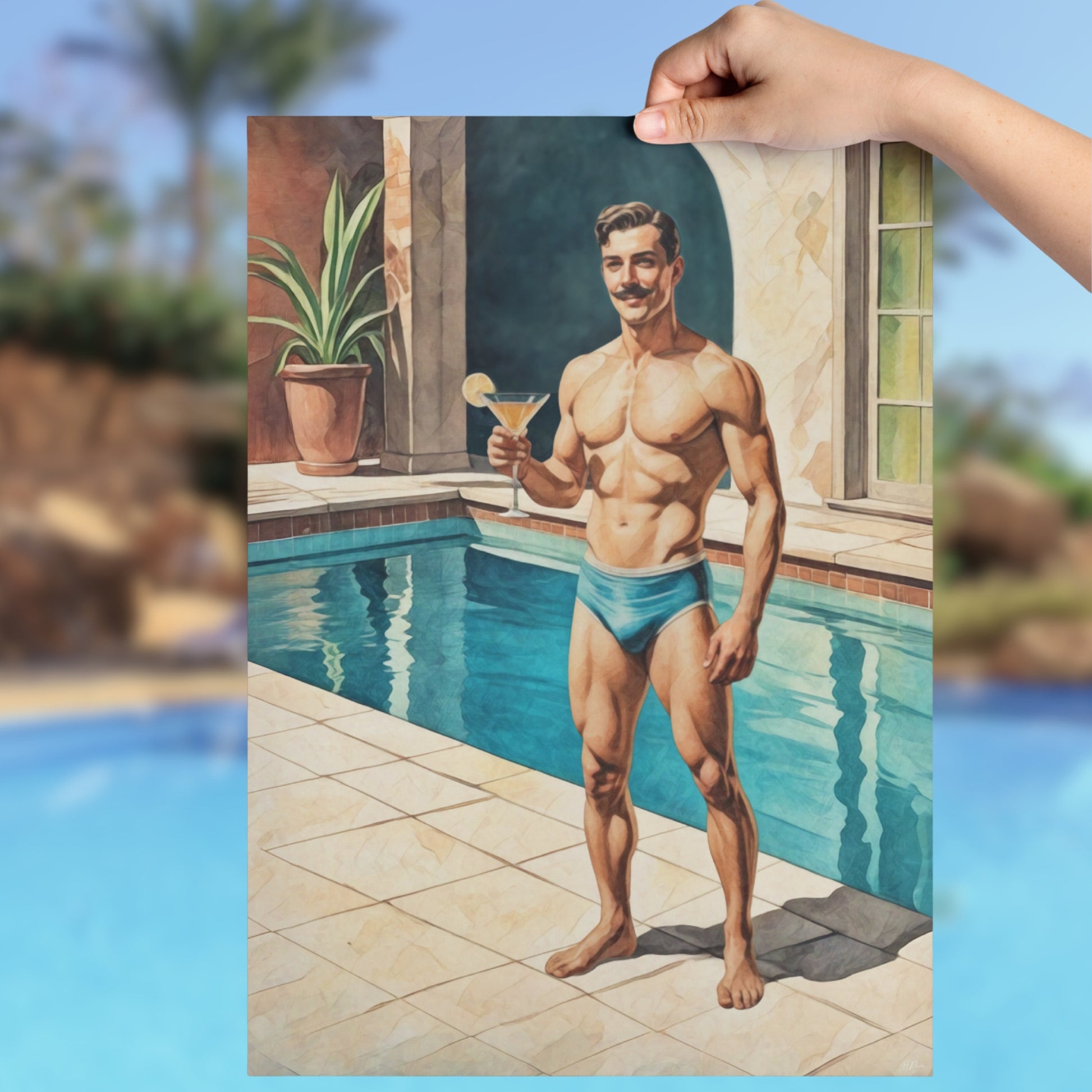 Painting of a man, "zaddy," in blue swim trunks by a pool, held up against a real pool background.