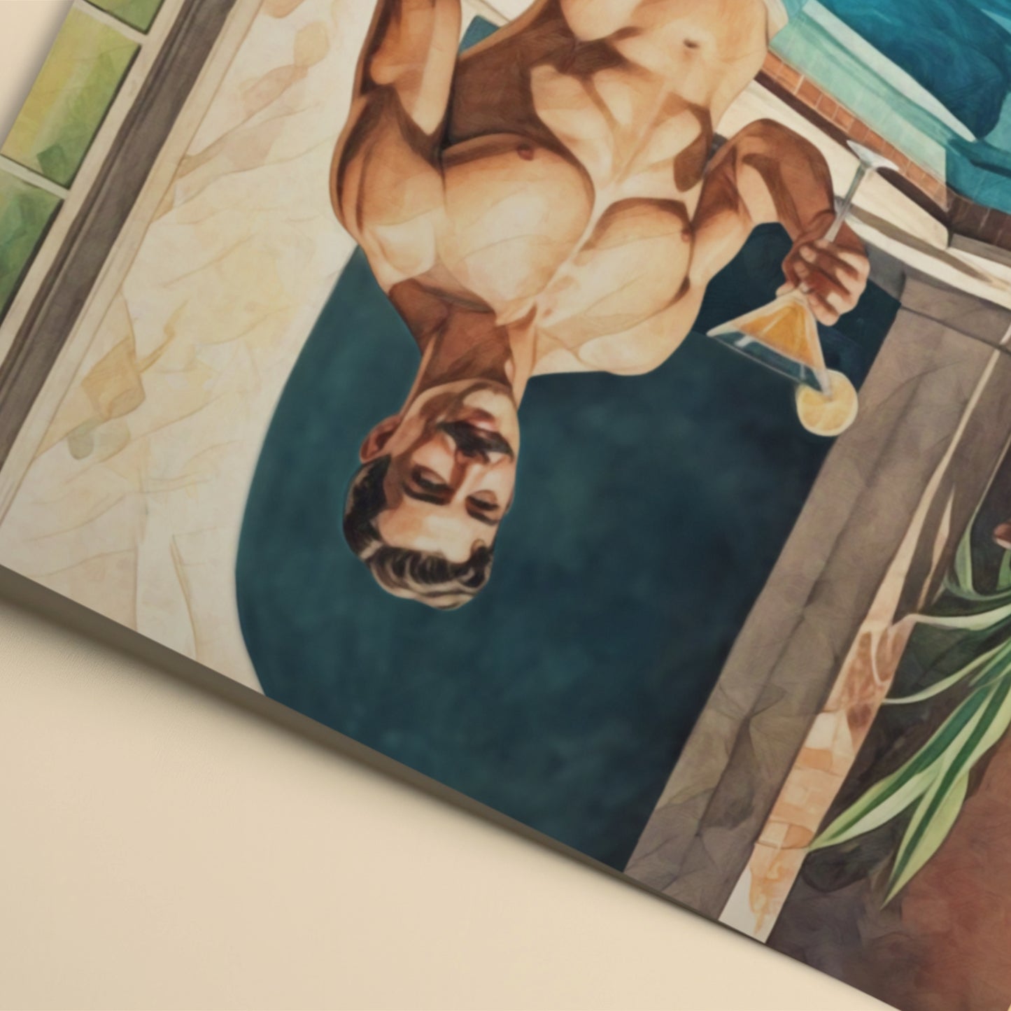 Artistic depiction of a man holding a cocktail glass on a textured surface
