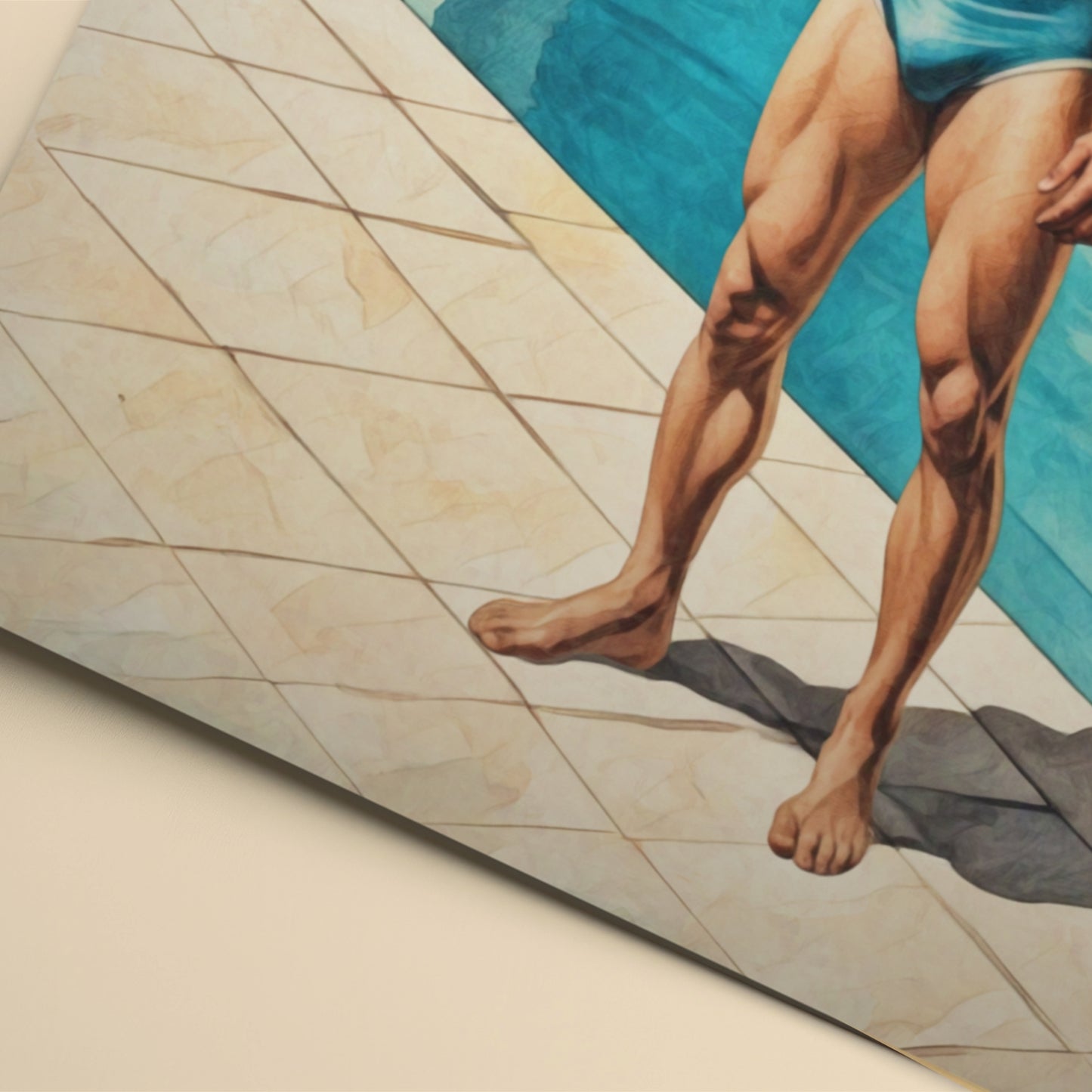 Artistic depiction of a person's legs by a poolside with geometric tile pattern.