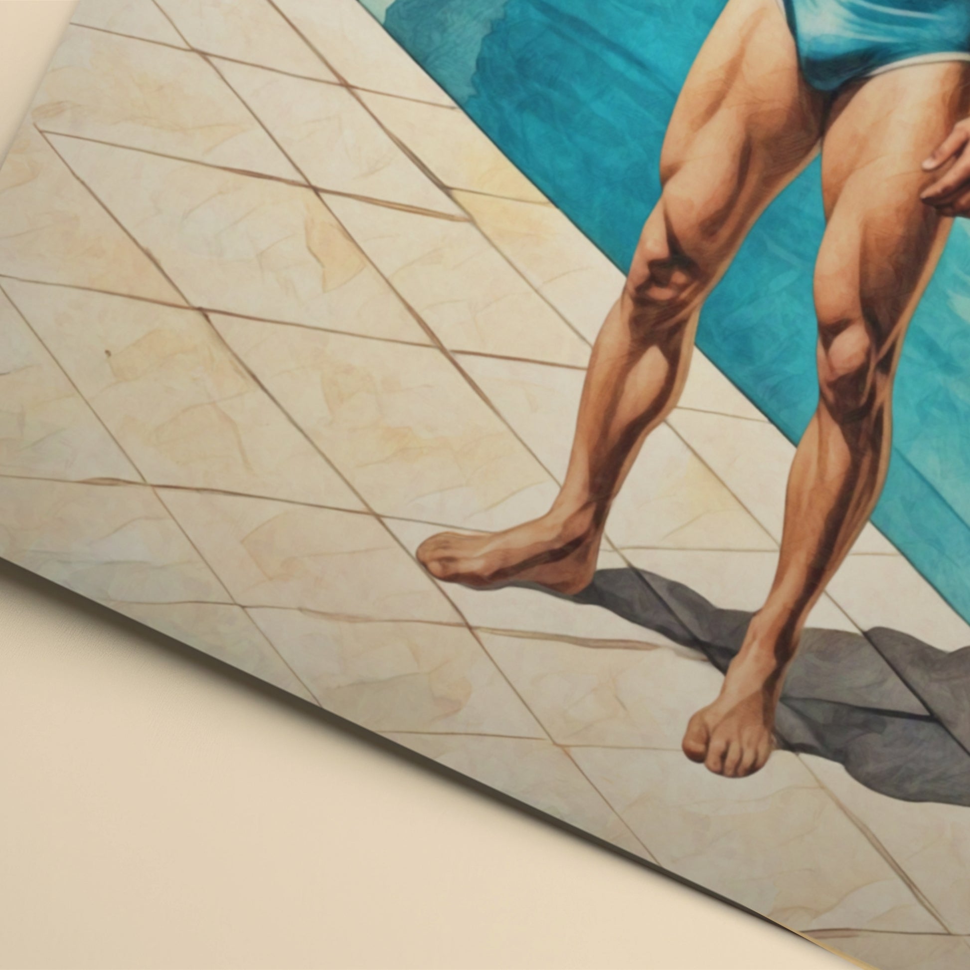 Artistic depiction of a person's legs by a poolside with geometric tile pattern.